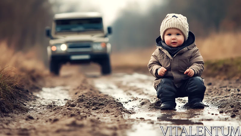 Infant seated on unpaved road with vehicle in background.