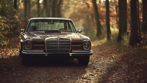 Vintage Mercedes sedan stands on sunlit forest track