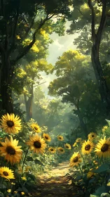 Sunflower forest pathway with atmospheric volumetric lighting and foliage canopy.