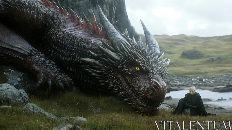 Armored dragon resting by rider in windswept moorland basin