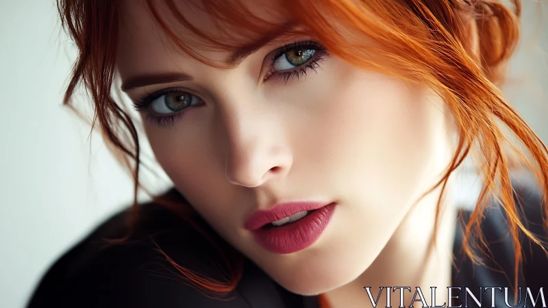 Close-up portrait of red-haired woman with neutral expression.