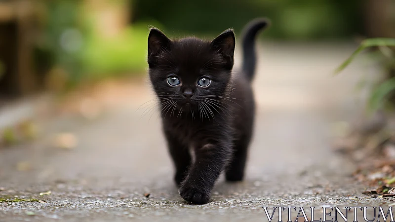 Black kitten walking on paved surface with unfocused background