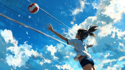 Dynamic volleyball spike under expansive cumulus sky panorama.