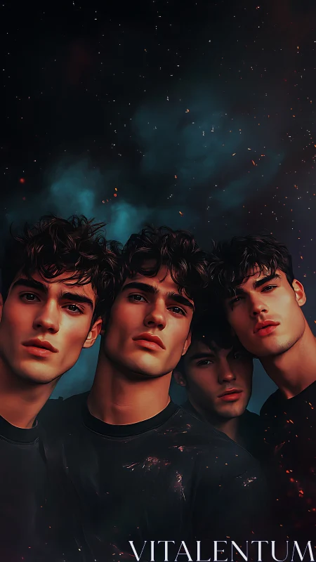 Four stylized young men against dark smoky background.
