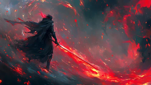 Lone flame-lit warrior standing brave in swirling embers.