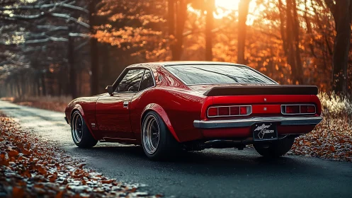 Red vintage coupe on forest road under autumn light.