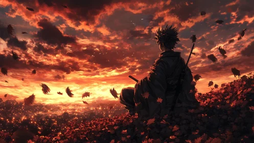 Samurai figure observes fiery sunset over autumn valley