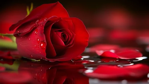 Deep Crimson Rose with Water Droplets and Blurred Petals.