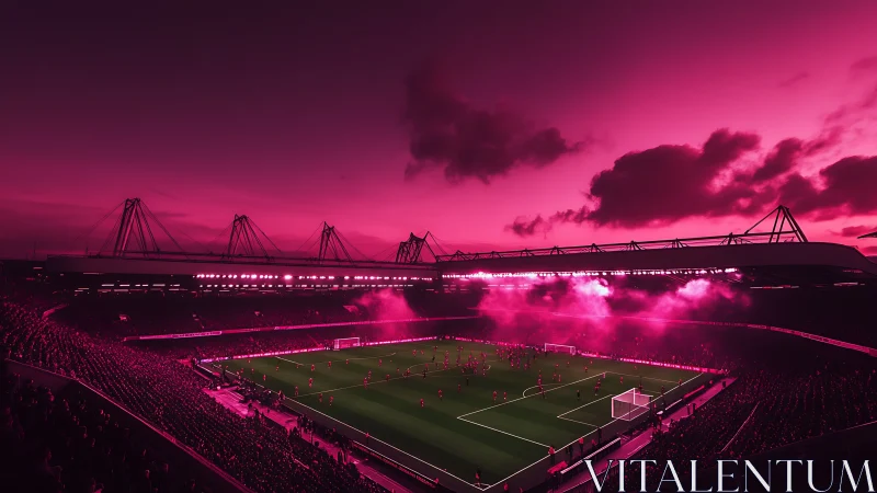 Neon pink night floods a packed football stadium in light.