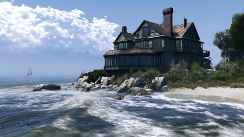 Large coastal house stands on rocky shoreline beside waves