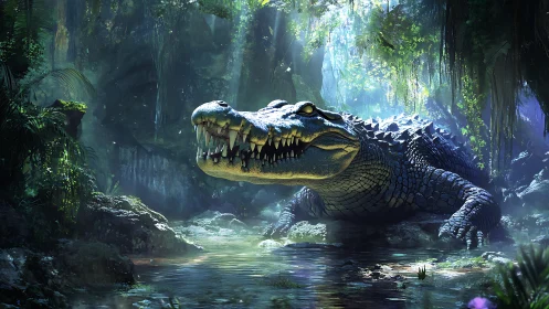 Predatory crocodile advances through luminescent jungle shallows