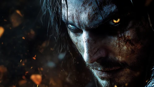 Battle-worn man stares forward with glowing amber eye