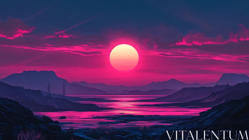 Neon sun over alien coastline in magenta twilight glow.
