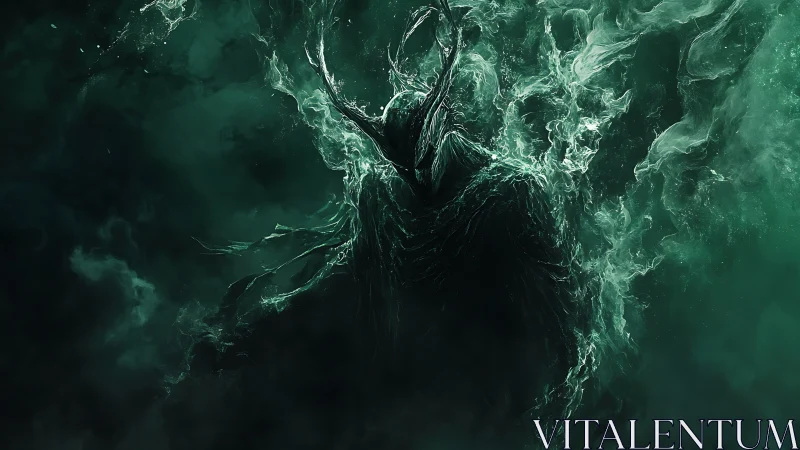 Shadowy horned figure emerging within swirling green mist.