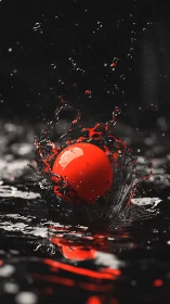 Crimson sphere ignites monochrome water in kinetic bloom.