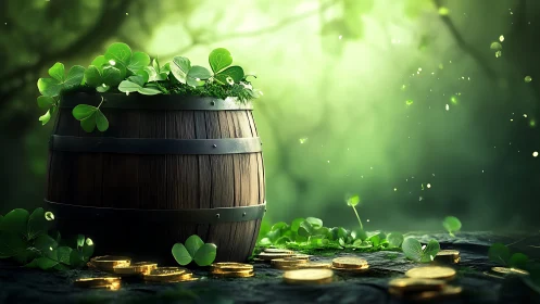 Clover crowned barrel with scattered gold coins in forest glow.