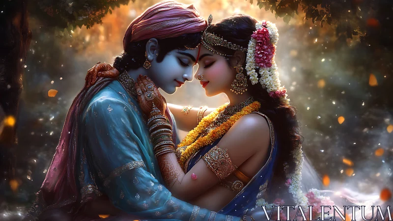 Two souls twine in golden devotion beneath mystic woodland enchantment