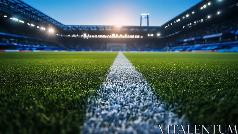 Low-angle stadium field view emphasizes turf texture and depth