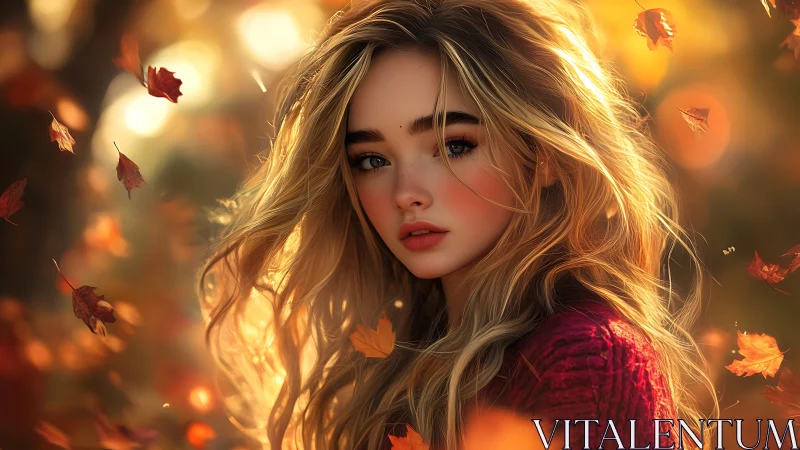 Blonde young woman in autumn leaves with warm sunlight glow.