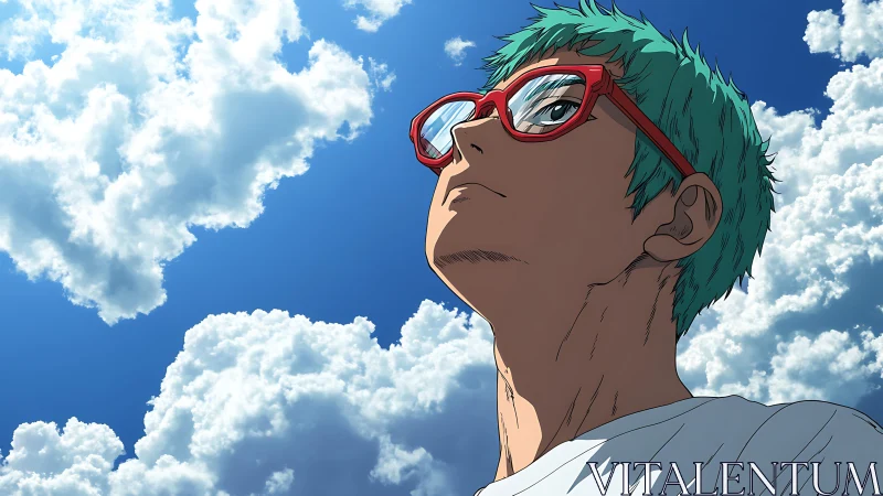 Upward anime portrait with dynamic cloudscape perspective.