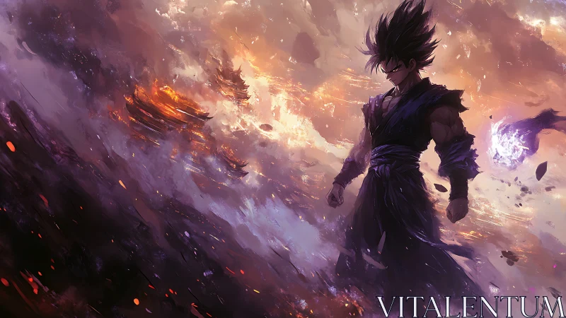 Storm-lit warrior bends burning skies around his power
