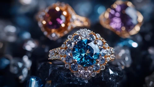 Macro photograph shows ornate gemstone rings on dark stones