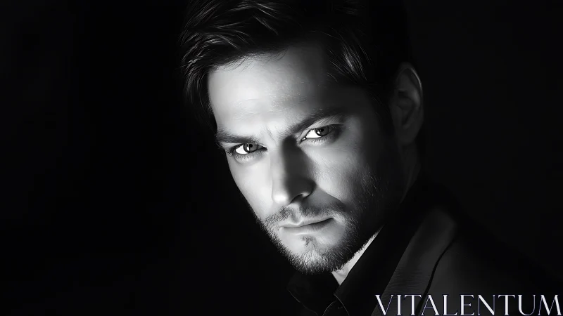 Monochrome dramatic male portrait with hard side lighting.