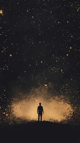 Silhouette figure under star filled night sky glow.