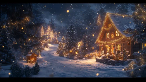 Snow-laden alpine cabin with luminous festive illumination field.
