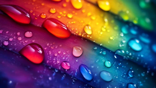 Colorful water droplets on vibrant rainbow surface.