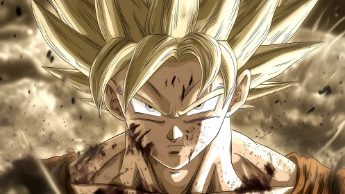 Battle worn anime fighter stares forward with fierce focus