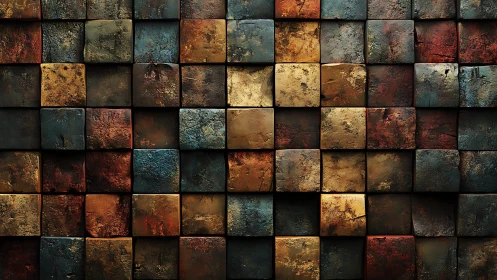 Rustic textured square tile wall in earth tones, abstract style.