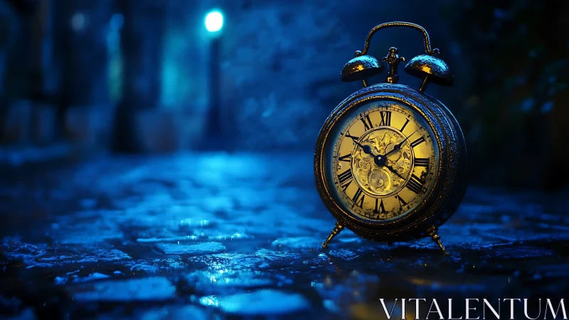 Luminous vintage alarm clock on rain-soaked cobblestones.