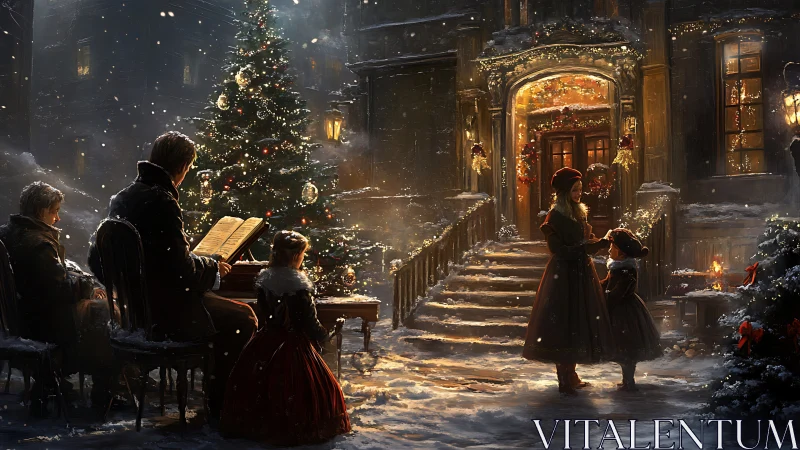 Victorian family carols beside a glowing Christmas doorway.