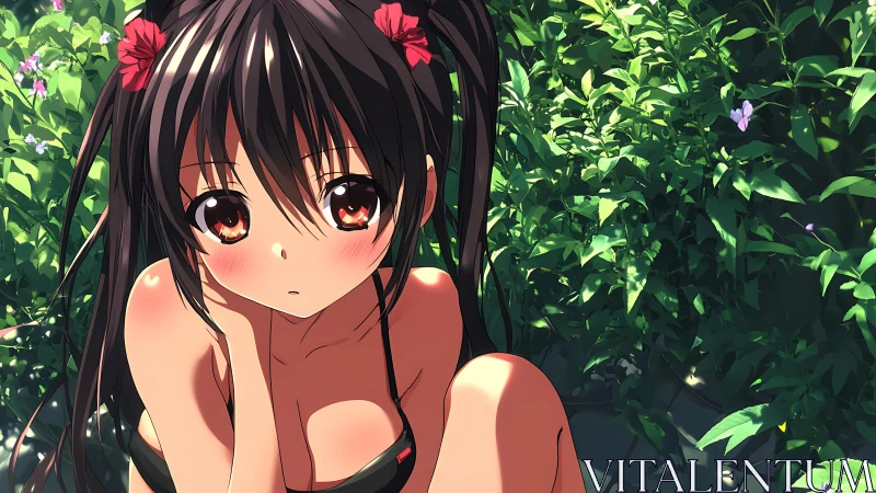 Sunlit Garden Daydream with Shy Twin-Tailed Girl.