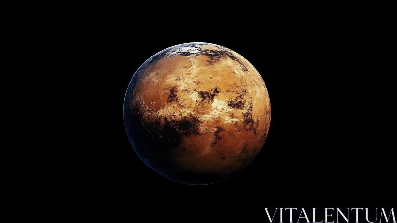 Rust-scarred planet turns softly in a velvet-black cosmos