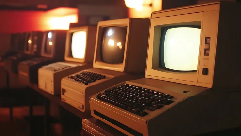 Retro workstation row with glowing CRT terminal displays.