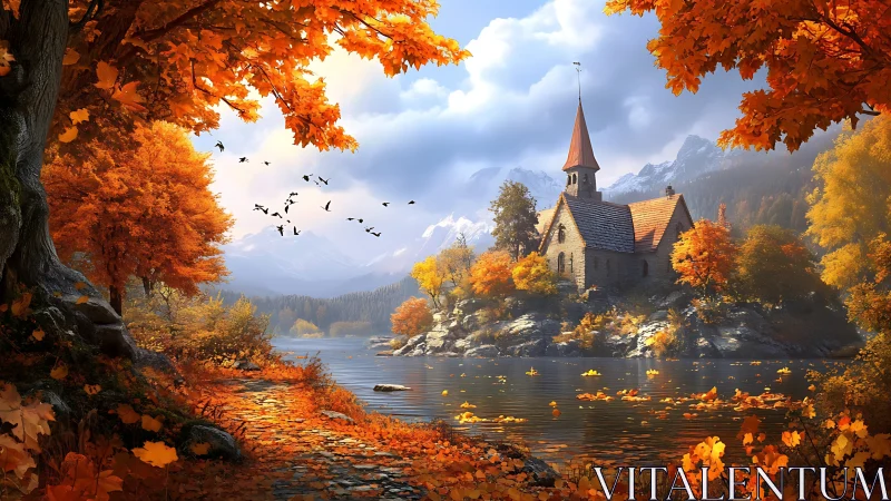 Autumn lakeside chapel rendered with high dynamic range lighting