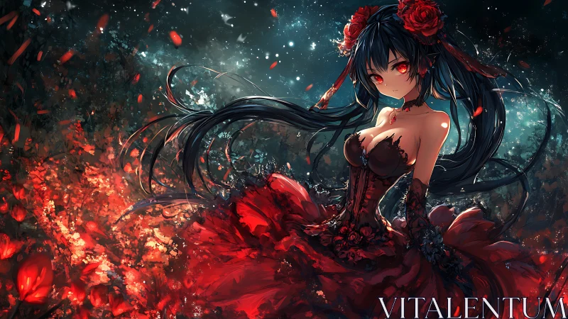 Midnight rose enchantress in a swirling crimson dreamscape.