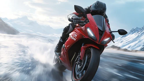 Crimson superbike slices through icy mountain speedway.