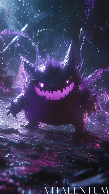 Purple ghost creature in glowing rain soaked alley scene.