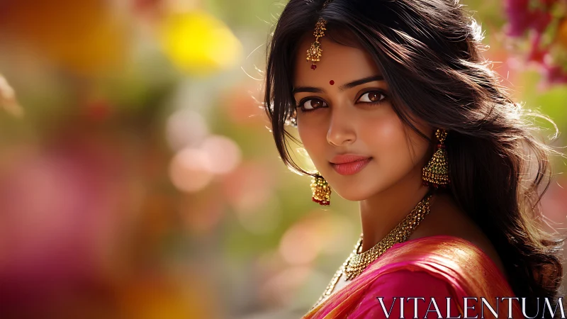 Elegant Indian woman in traditional attire, vibrant soft-focus portrait.