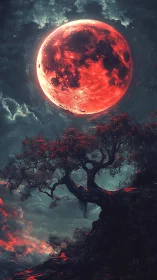 Bloodred moon leans close while a lone cliff tree listens