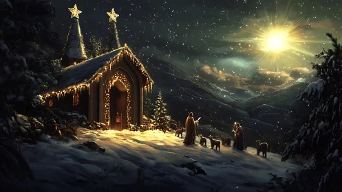 Snow-covered chapel with nativity figures under bright star.
