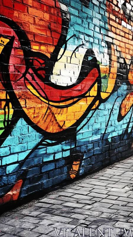 Chromatic graffiti vector sweeping across brick substrate.