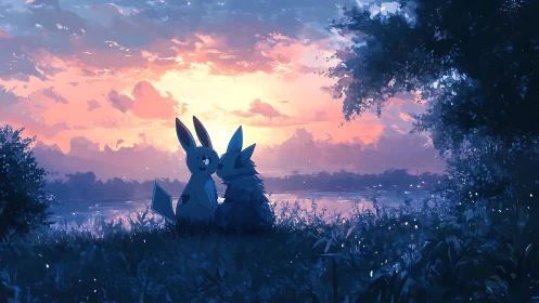 Two rabbit-like figures by lake at calm sunset scene.