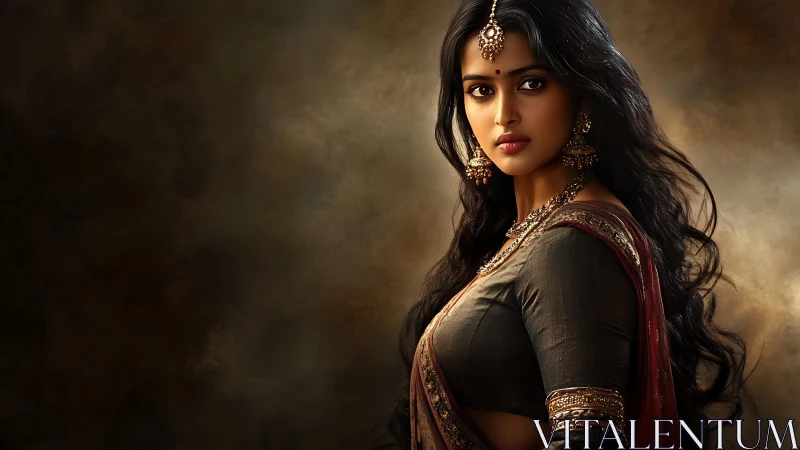 Dusky regal muse in jeweled sari against whispering dusk.