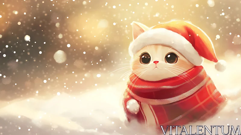 Cozy winter kitten wrapped in a bright red holiday scarf.