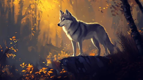 Luminous wolf silhouette on autumnal forest ridge platform.