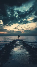 Solitary sunset walk toward restless sea and circling birds.